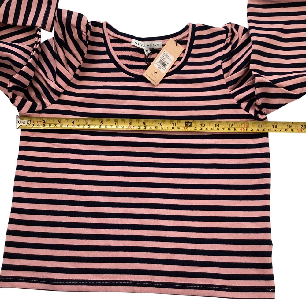 Rebecca Minkoff Cropped Talia Striped Sweatshirt Pink Navy Puff Sleeve XS - Picture 3 of 7